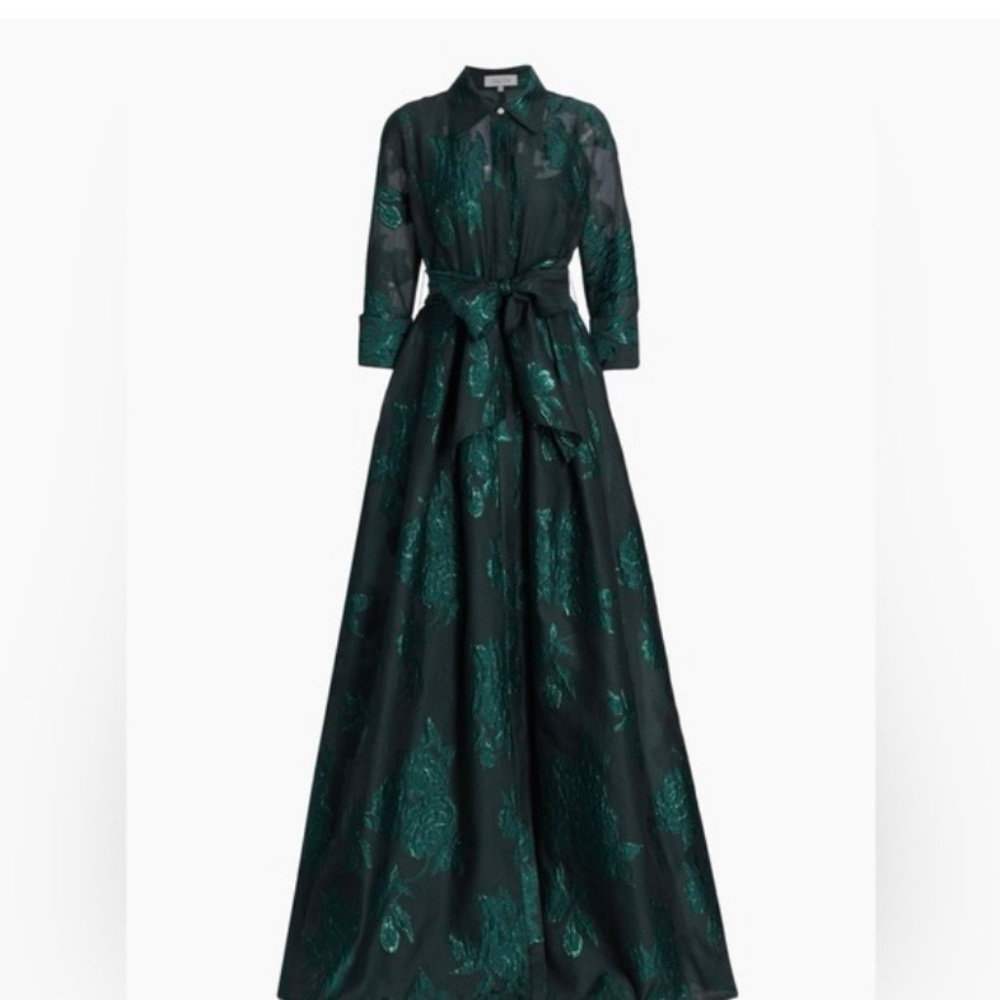 teri jon  jacquard shirtdress gown with floral print in emerald
